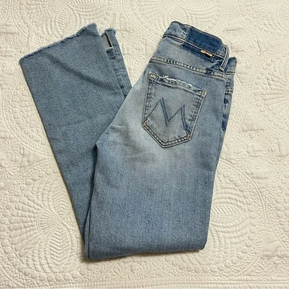 MOTHER Insider Crop Step Fray Denim Jeans High Rise Waist Raw Hem Light Wash 24